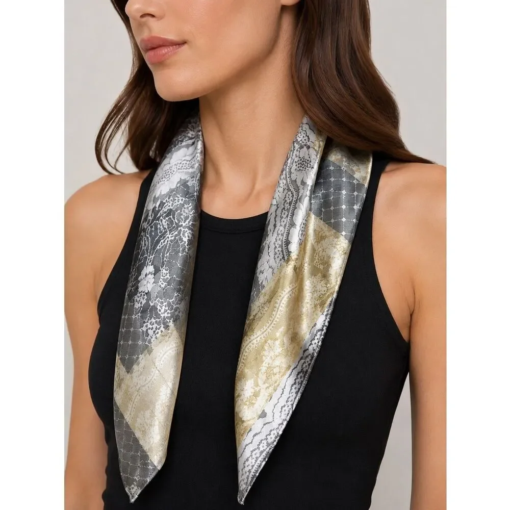 Rare Luxury JACQUARD CHARCOAL BOHEMIAN SCARF PLATINUM GOLD 19”x19”